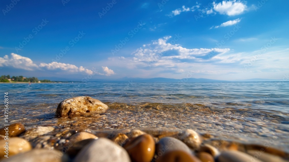 Poster serene lake view with clear water lapping gently over smooth pebbles on a sunny day, mountains in th