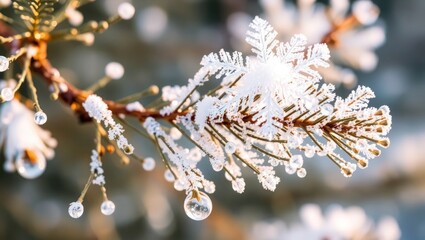 Frosty pine branch with icy snowflake