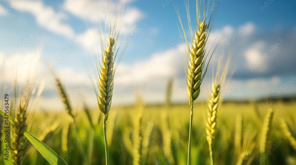 Poster close-up of two golden wheat stalks in a sunlit field, under a partly cloudy sky, showcasing the int