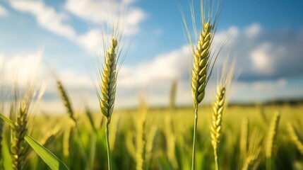 Obraz premium Close-up of two golden wheat stalks in a sunlit field, under a partly cloudy sky, showcasing the intricate details of the grain. : Generative AI
