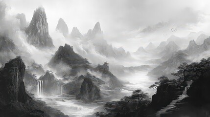Obraz premium Serene monochrome landscape with mountains, waterfalls, and mist.