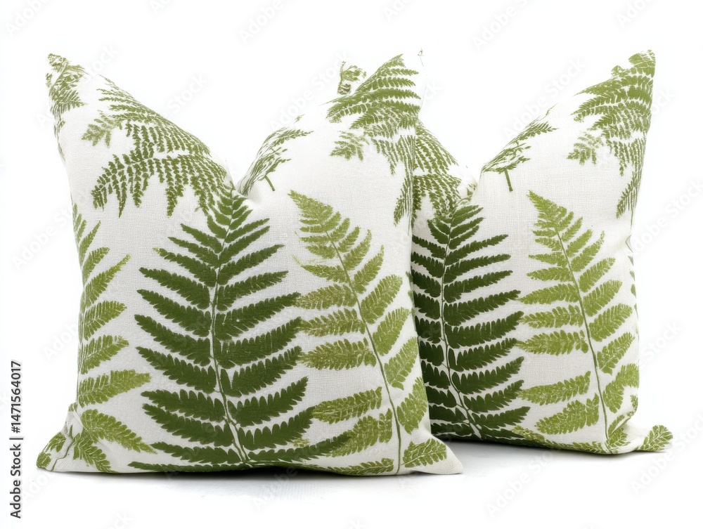 Aufkleber Pair of square decorative pillows featuring a fern leaf print in shades of green on an off-white linen-like fabric. Perfect for adding a touch of nature to any room. : Generative AI