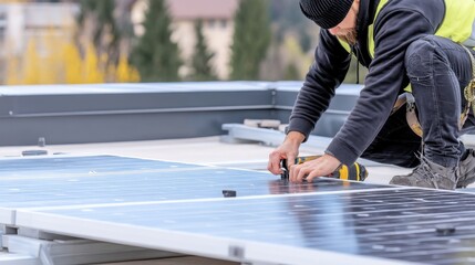 A solar panel installer carefully connects a solar panel module to the roof of a building, ensuring a secure and efficient energy system. : Generative AI
