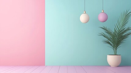 Pastel Room Decor with Plant, and Lights.
