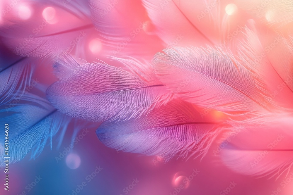 Poster soft, pastel pink and blue feathers gently overlap, creating a dreamy, ethereal texture with bokeh l