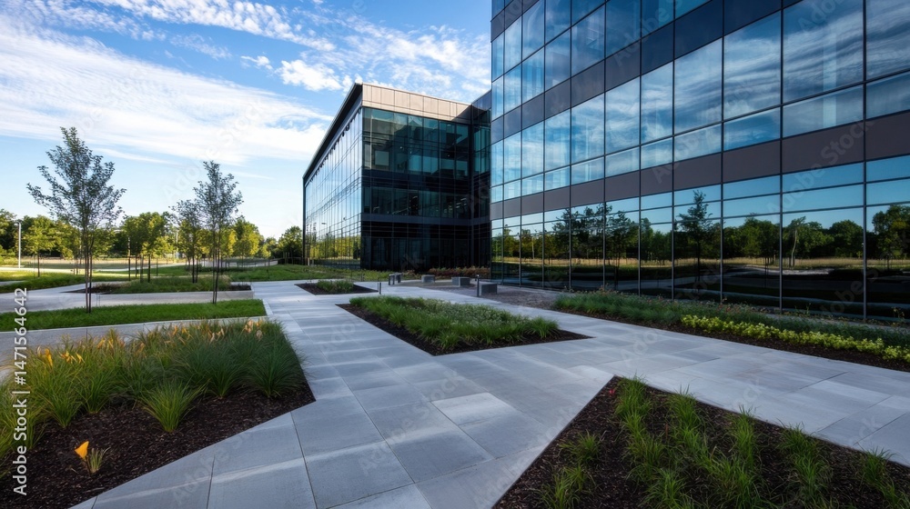 Poster modern office building with landscaped courtyard and pathways, showcasing contemporary architecture 