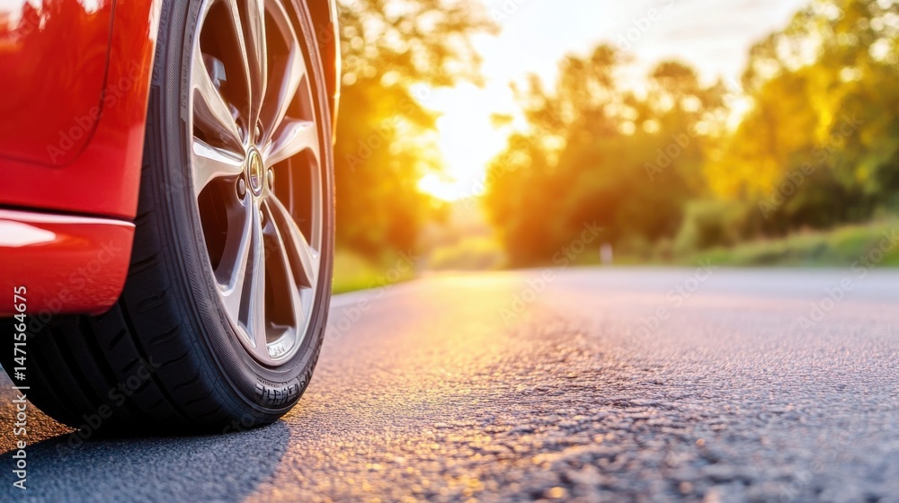 Poster closeup of a red car's tire on an asphalt road at sunset, with a blurred background of trees and gol