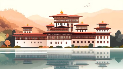 Bhutanese Palace Lakeside Reflection.