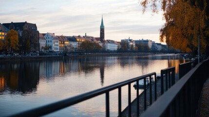 Serene autumn evening view of a river reflecting illuminated buildings and a church spire, with a calm water surface and a metal railing in the foreground. : Generative AI