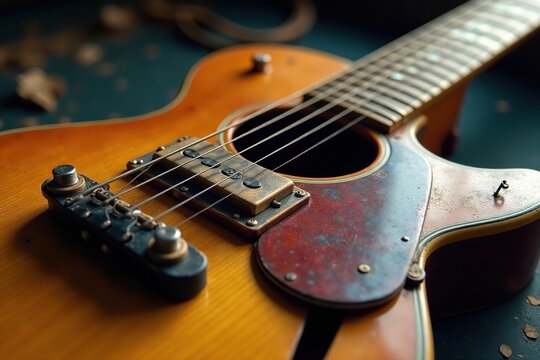 Close-up of a vintage blues guitar, worn and weathered, showcasing its rich history , sunburst, music, rock