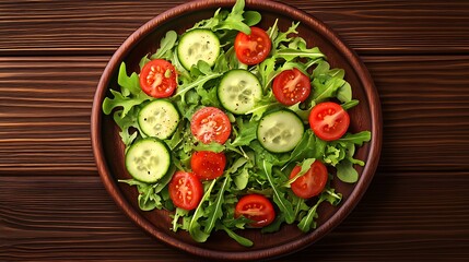 Fresh salad with arugula, tomato, and cucumber.