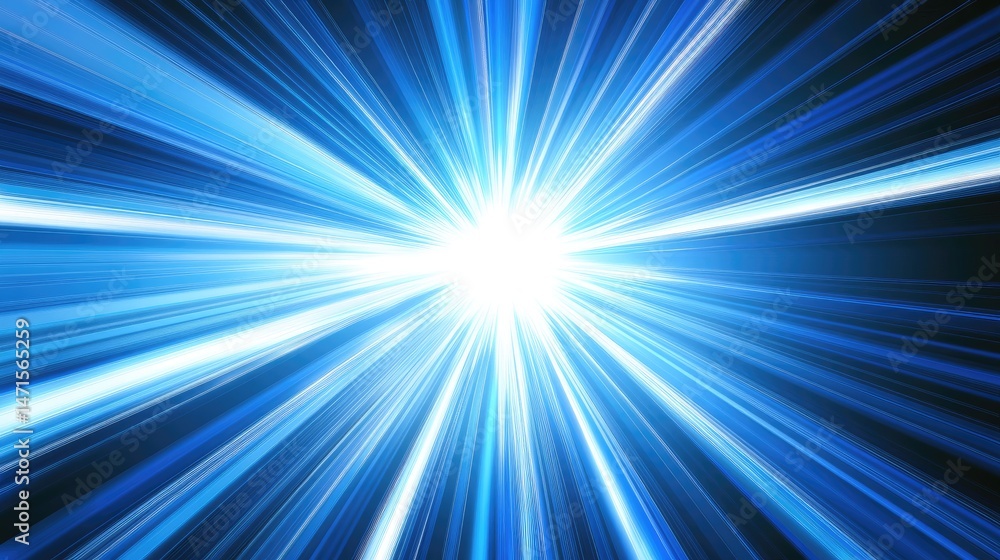 Poster bright blue and white light rays radiating from a central point, creating a speed and energy effect