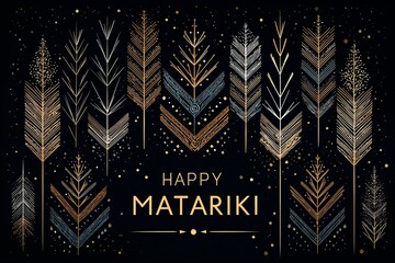 Backgrounds with patterns arranged symmetrically on dark background, small sparkles of light, elegant serif text "Happy Matariki" in gold
