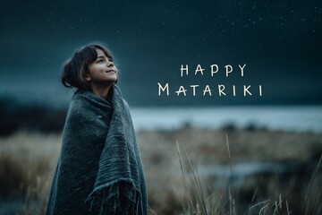 Young child looking up at stars, wrapped in wool blanket, dreamy "Happy Matariki" with slight curve