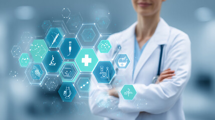 Blurred doctor with hexagonal medical icons, representing healthcare technology, innovation, and digital medicine, showcasing modern medical advancements