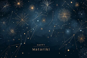 Abstract Pleiades constellation over deep indigo sky, stars shining gently, text "Happy Matariki" in Māori-inspired decorative font