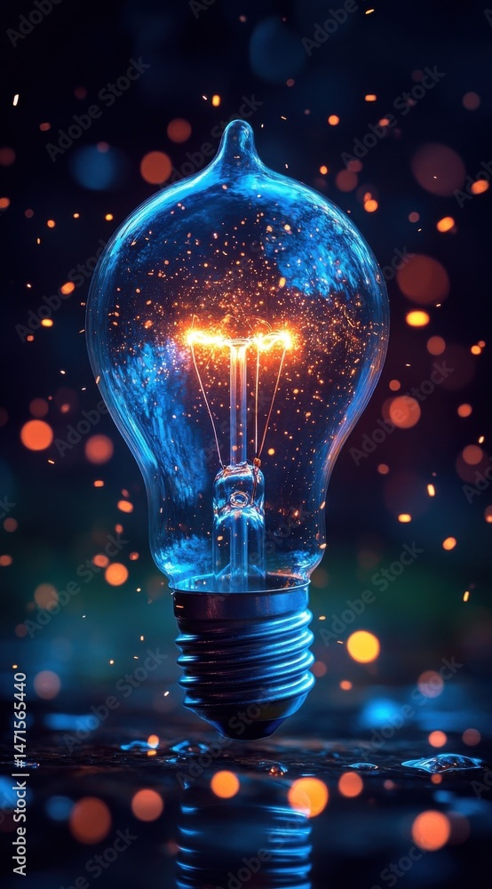 Poster glowing lightbulb with sparks and bokeh, illuminated in blue and orange hues, reflecting on a dark w