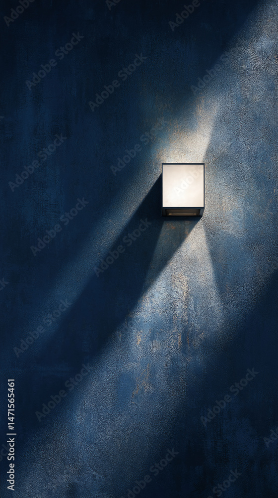 Leinwandbilder dark blue textured wall with illuminated square lamp, casting a shadow, creating a minimalist, moody