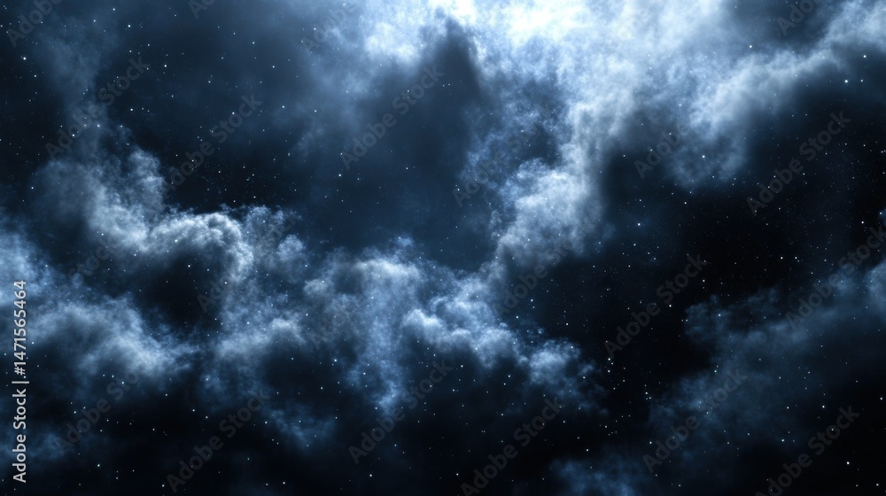 Poster a mesmerizing night sky image featuring dark blue clouds and countless twinkling stars, perfect for 