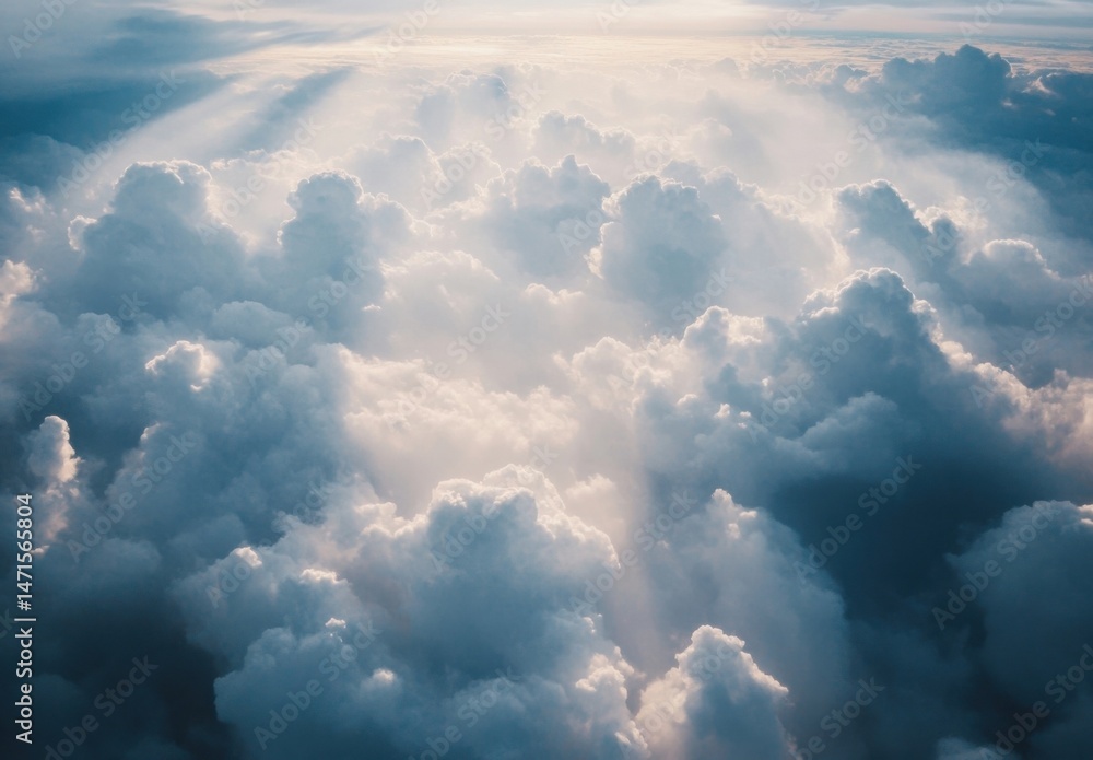 Fototapete aerial view of a vast expanse of fluffy cumulus clouds illuminated by sunbeams piercing through the 