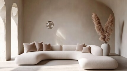 Modern loft living room featuring arched window, stucco wall, and beige sofa with terra cotta pillows in stylish home interior
