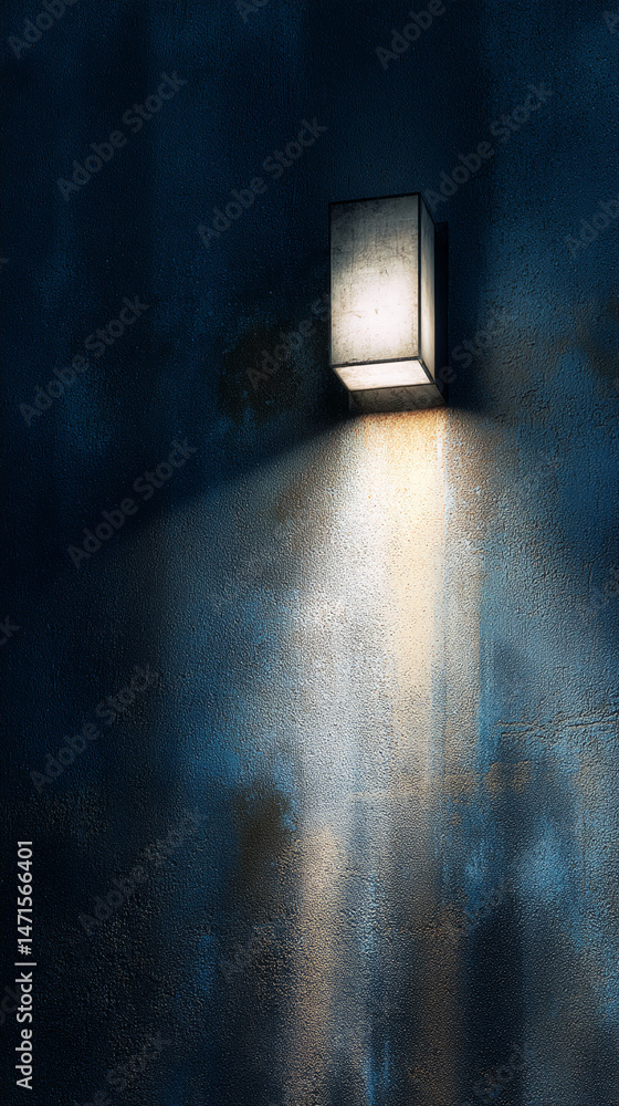 Poster dark blue textured wall with a small illuminated sconce, casting a light beam, creating a dramatic, 