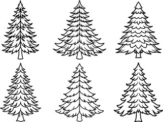 Set of pine tree outline vector illustration line art