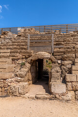Ancient ruins of Caesarea at the edge of the Mediterranean Sea in Caesarea, Israel.
