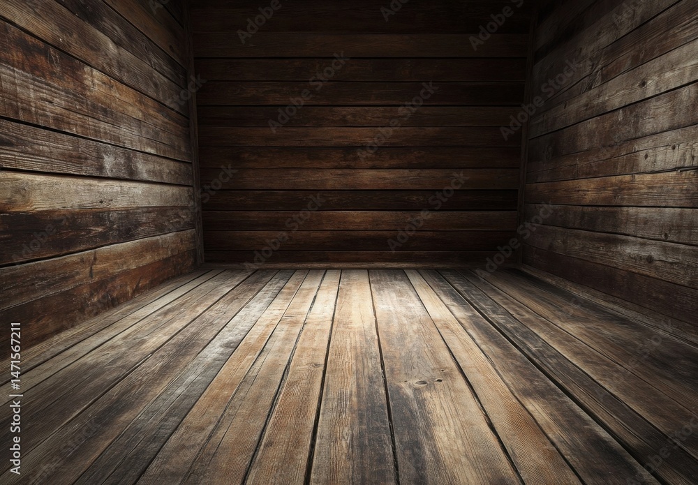 Poster empty rustic room with dark brown wooden walls and floor, showing aged texture and natural grain, pe