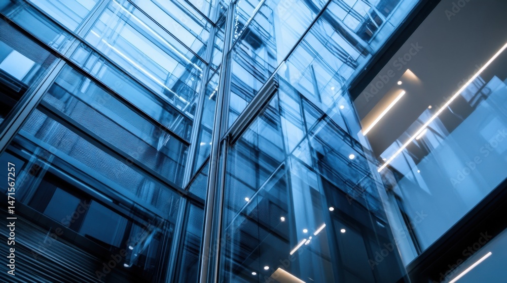 Poster modern glass skyscraper interior, showcasing sleek metallic framework and reflections of light, crea