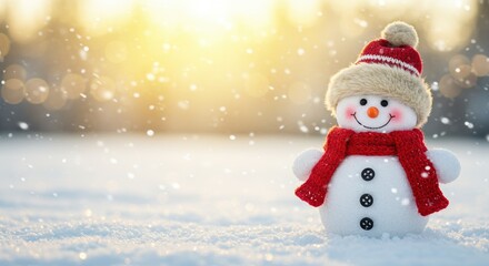 A Cheerful Snowman Stands In A Snowy Landscape With Falling Snow And A Bright Sunny Glow Behind It