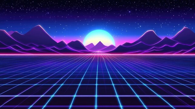 Retro futuristic landscape with glowing grid, mountains, and sun