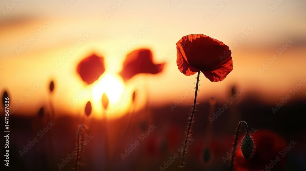 Poster single poppy flower silhouetted against a vibrant sunset, other poppies blurred in the background, c