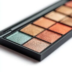Close up of a Stylish Eyeshadow Palette with Shimmering Peach Bronze and Teal Shades Perfect for Makeup Artists