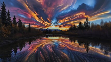 Vibrant Sunset Reflection with Lake, and Forest.