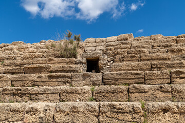 Ancient ruins of Caesarea at the edge of the Mediterranean Sea in Caesarea, Israel.
