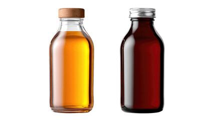Bottles of Golden Nectar: two elegant bottles, one filled with a golden liquid, the other with a dark one, their forms simple, yet the contents promise refreshment and allure.