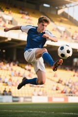 there is a man that is kicking a soccer ball on the field