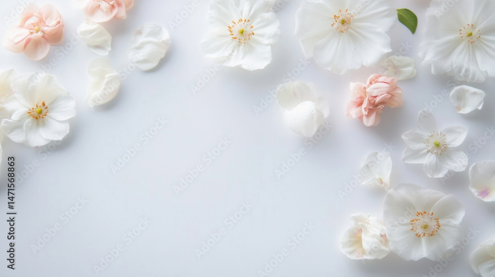 Poster delicate white and blush pink flowers arranged on a light gray background, creating a soft and elega
