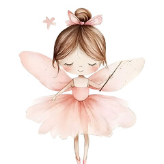 Watercolor illustration of a cute pink fairy girl holding a magic wand © Md