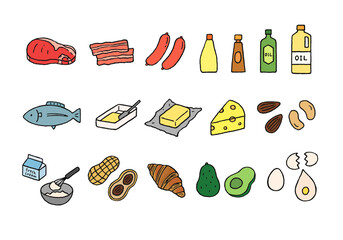 脂質を含む食べ物の手描きイラストセット