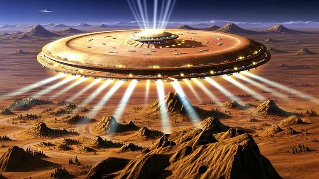 Extraterrestrial alien spacecraft with glowing lights above the surface of the planet