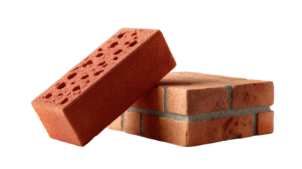 Brick Construction Duo: The image presents two clay bricks, showcasing a close-up of one with multiple holes and another partially set.