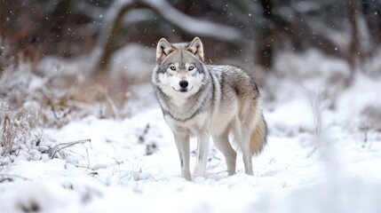 Fototapeta premium A lone gray wolf stands in a snowy winter forest, its fur blending with the white landscape, eyes fixed on the viewer, a serene yet powerful presence. : Generative AI