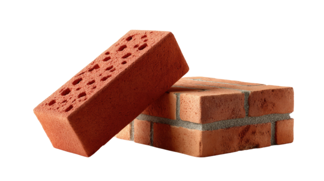 Brick Construction Duo: The image presents two clay bricks, showcasing a close-up of one with multiple holes and another partially set.