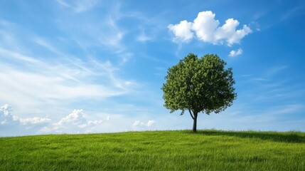 Obraz premium Single tree standing on a grassy hill under a vibrant blue sky with fluffy white clouds, idyllic summer landscape. : Generative AI