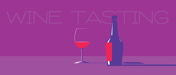 Banner drink party, wine tasting, flat design poster. Bottle of red wine, glass, alcohol, holiday, pinot noir, cabernet, sauvignon