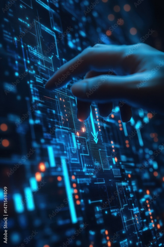 Poster A hand interacts with a futuristic digital interface, showcasing glowing blue and orange data streams, lines, and arrows, suggesting technological innovation and data analysis. : Generative AI