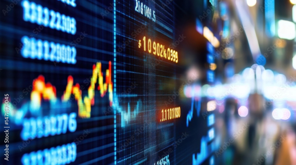 Fototapete Close-up view of a stock market ticker displaying fluctuating numbers and graphs, with a blurred city lights background at night, showing dynamic financial data. : Generative AI