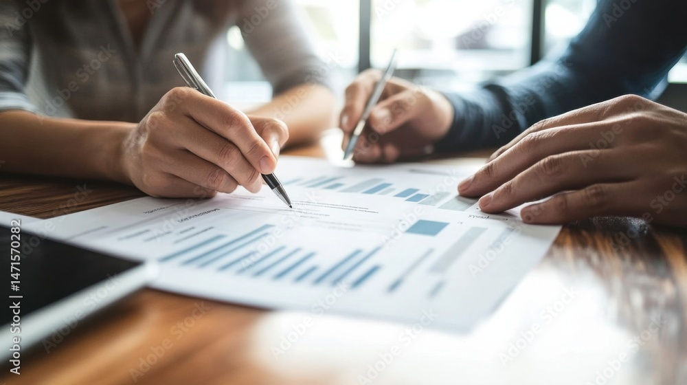 Poster close-up view of two hands attentively reviewing financial documents, pens in hand, signifying colla